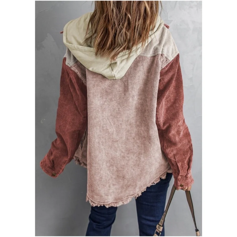 016 Cozy Color Block Oversized Corduroy Hoodie Jacket Shacket - Picture 7 of 8